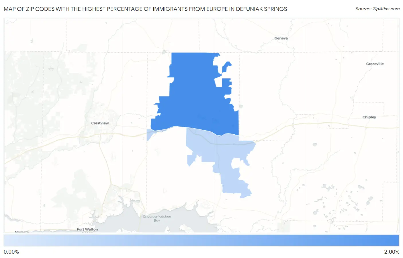 Zip Codes with the Highest Percentage of Immigrants from Europe in Defuniak Springs Map