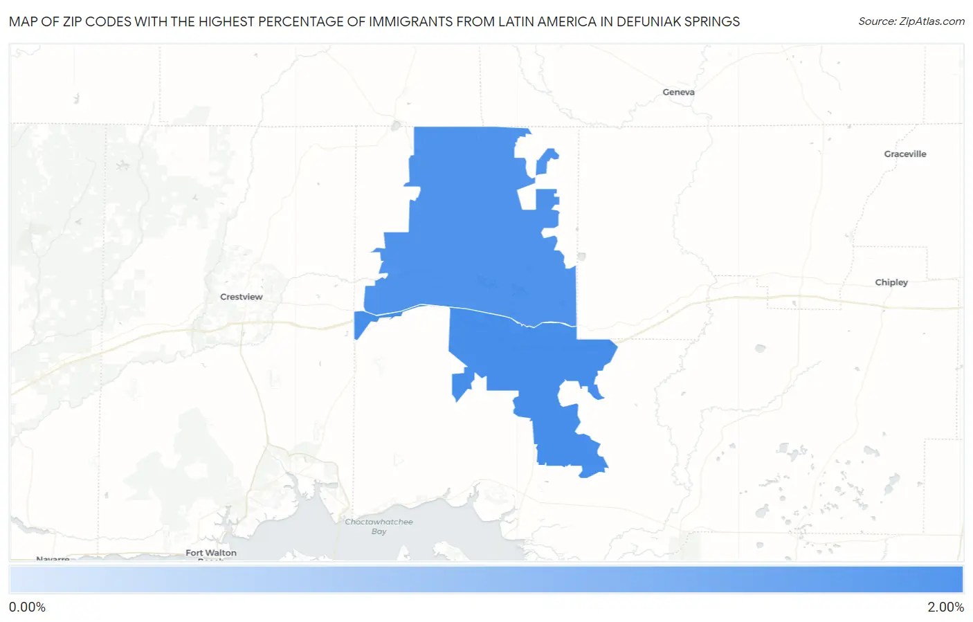Zip Codes with the Highest Percentage of Immigrants from Latin America in Defuniak Springs Map