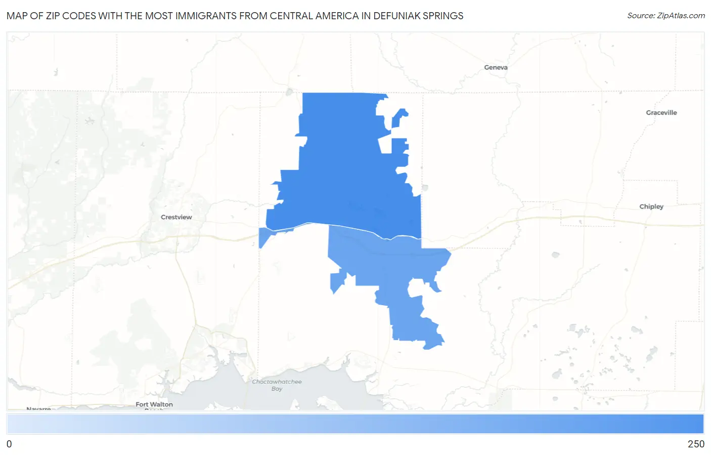 Zip Codes with the Most Immigrants from Central America in Defuniak Springs Map