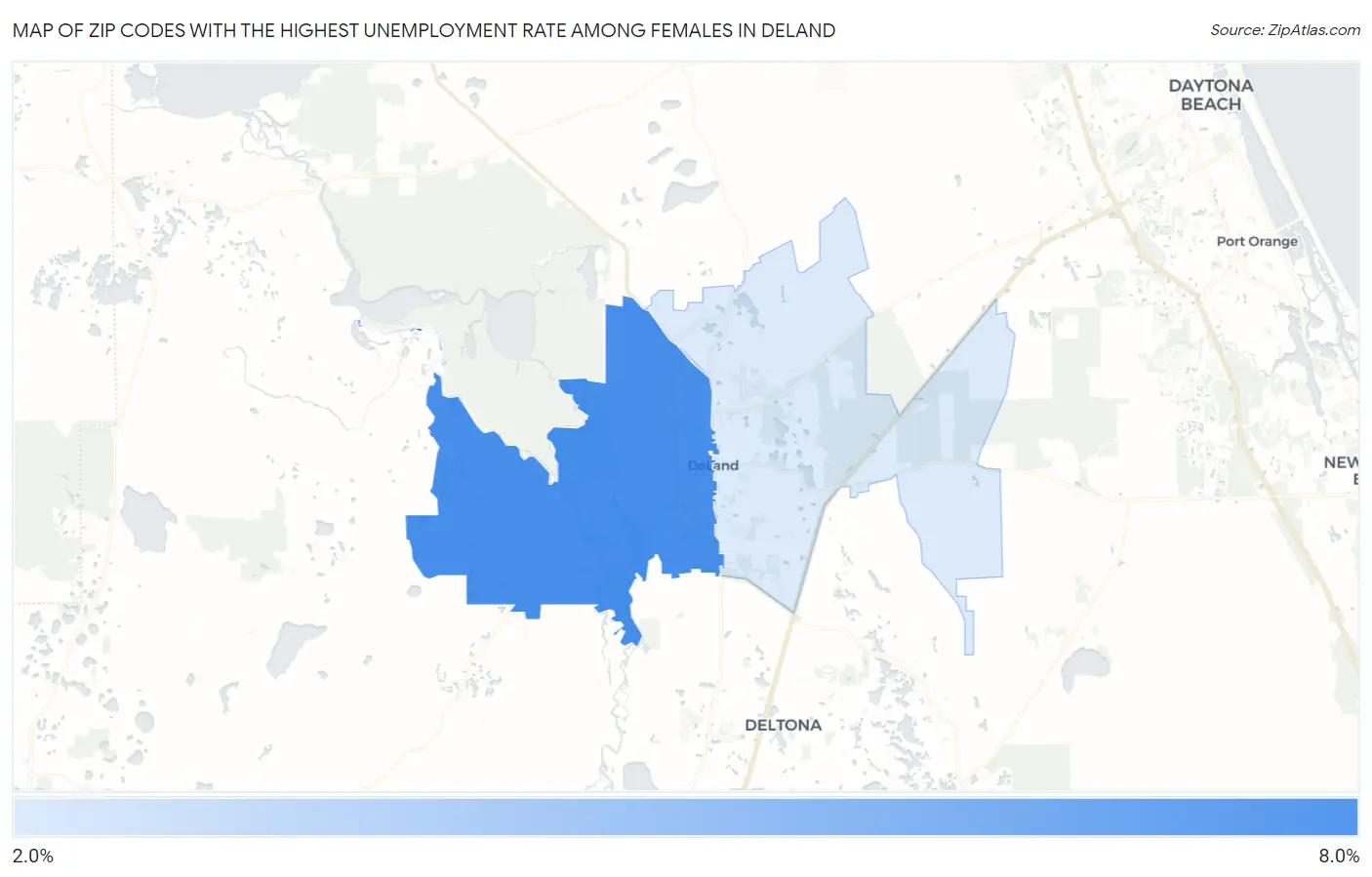 Zip Codes with the Highest Unemployment Rate Among Females in Deland Map