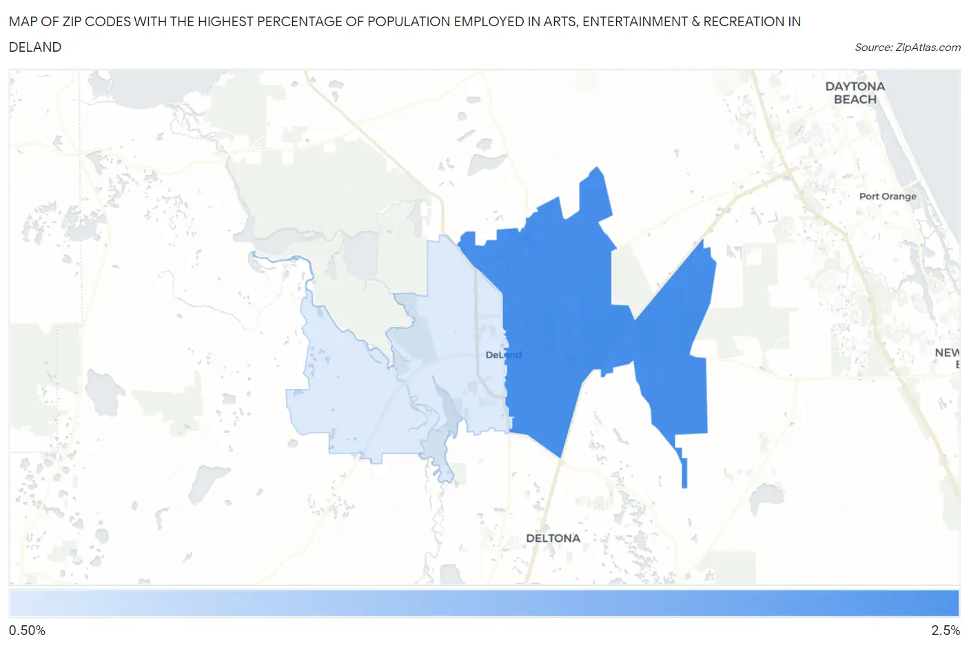 Zip Codes with the Highest Percentage of Population Employed in Arts, Entertainment & Recreation in Deland Map