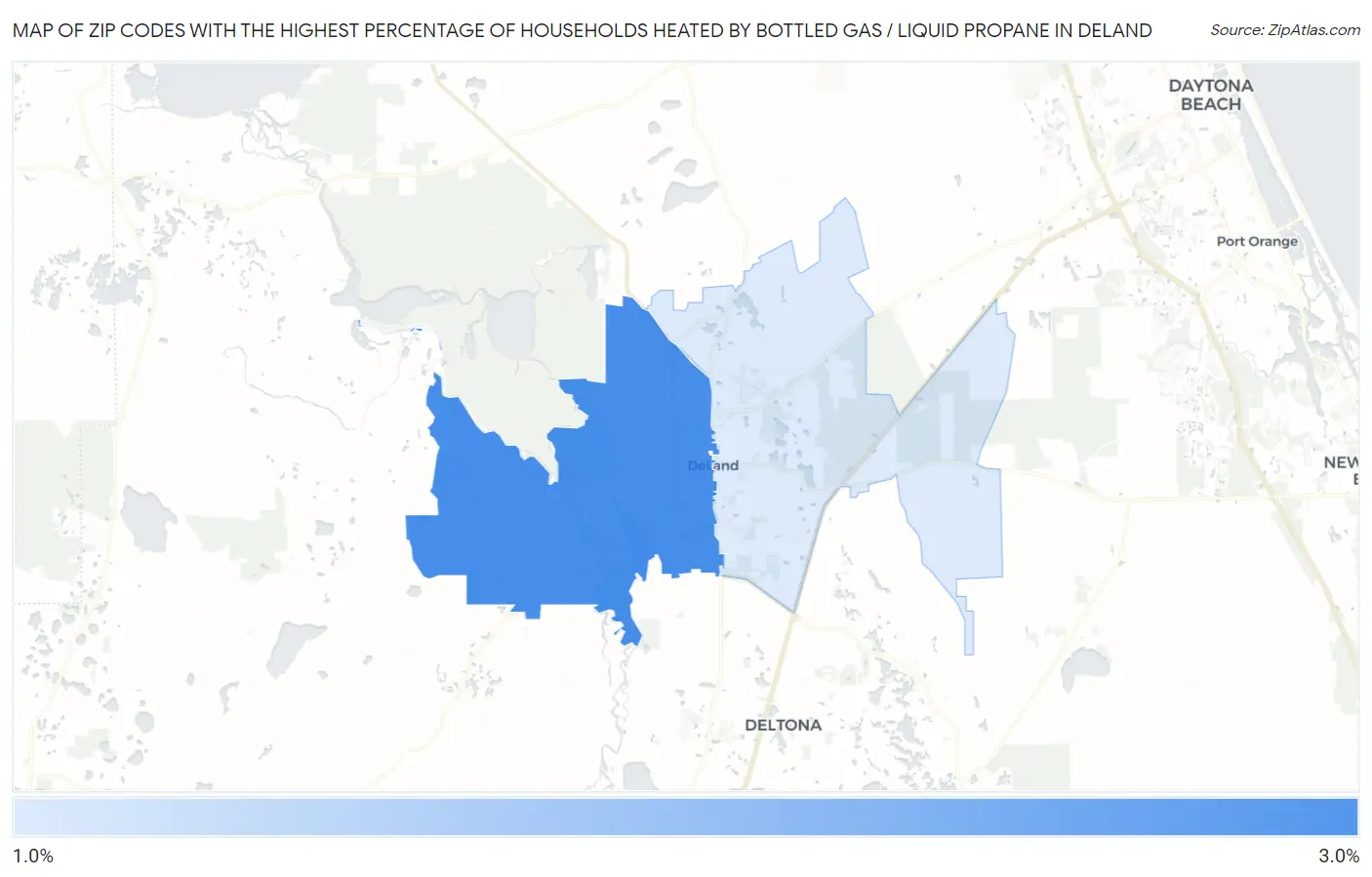 Zip Codes with the Highest Percentage of Households Heated by Bottled Gas / Liquid Propane in Deland Map