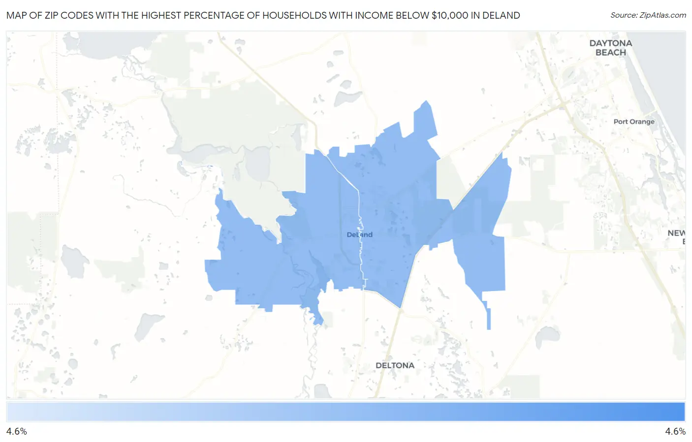 Zip Codes with the Highest Percentage of Households with Income Below $10,000 in Deland Map