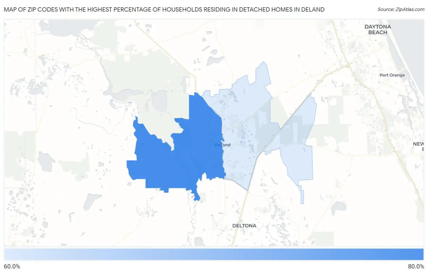 Zip Codes with the Highest Percentage of Households Residing in Detached Homes in Deland Map