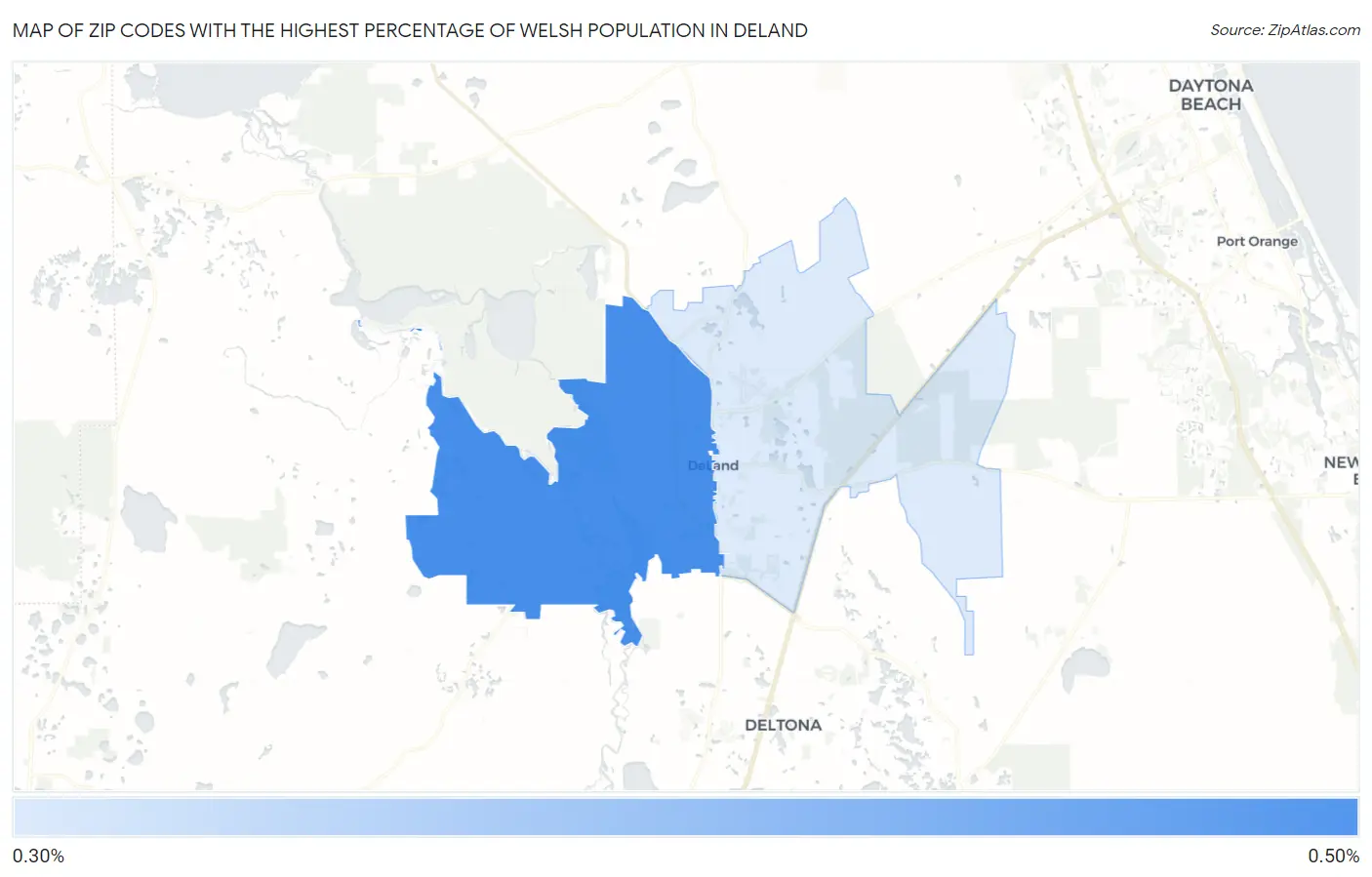 Zip Codes with the Highest Percentage of Welsh Population in Deland Map