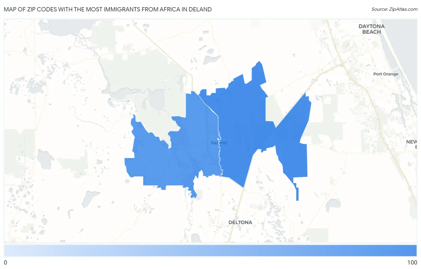 Zip Codes with the Most Immigrants from Africa in Deland Map