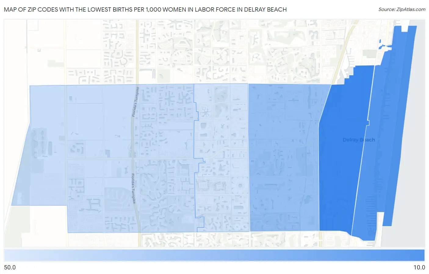 Zip Codes with the Lowest Births per 1,000 Women in Labor Force in Delray Beach Map
