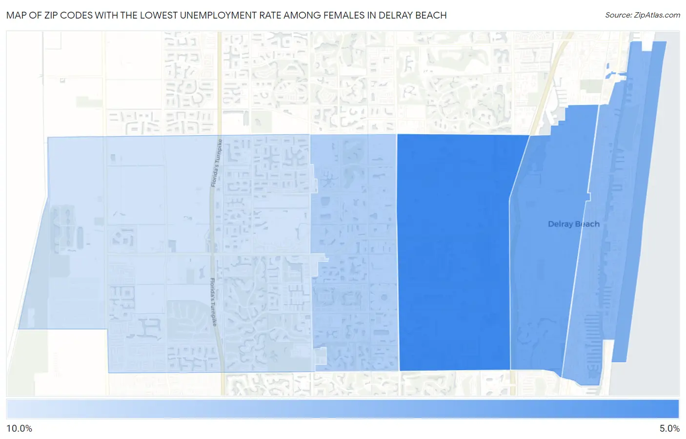 Zip Codes with the Lowest Unemployment Rate Among Females in Delray Beach Map