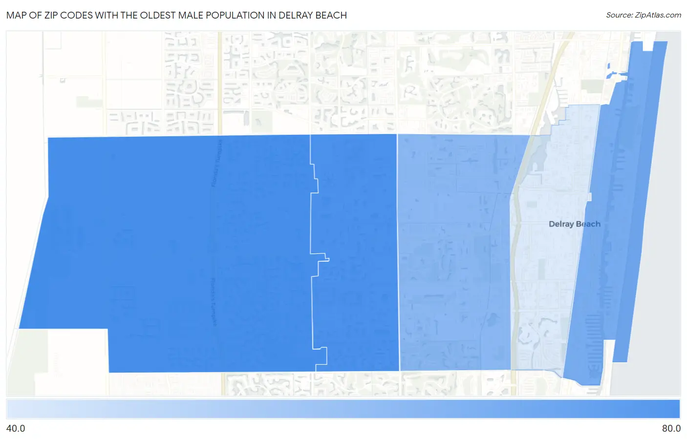Zip Codes with the Oldest Male Population in Delray Beach Map