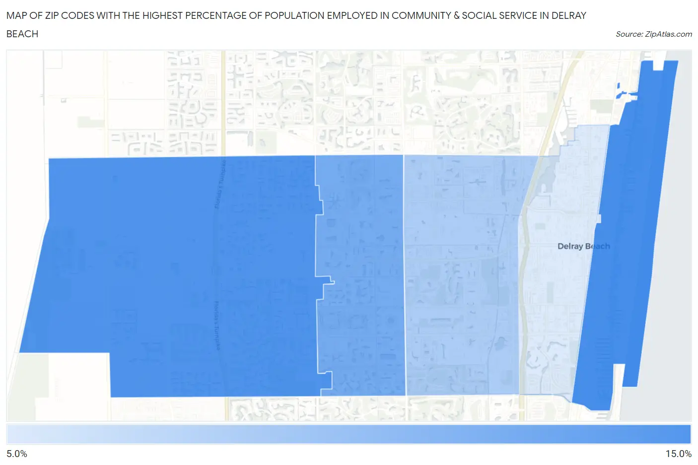 Zip Codes with the Highest Percentage of Population Employed in Community & Social Service  in Delray Beach Map