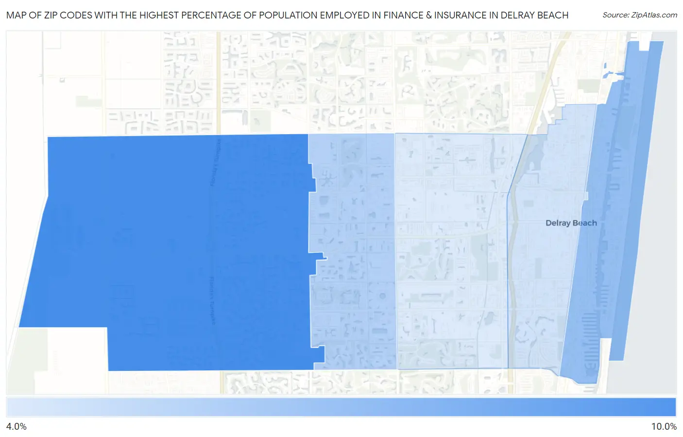 Zip Codes with the Highest Percentage of Population Employed in Finance & Insurance in Delray Beach Map