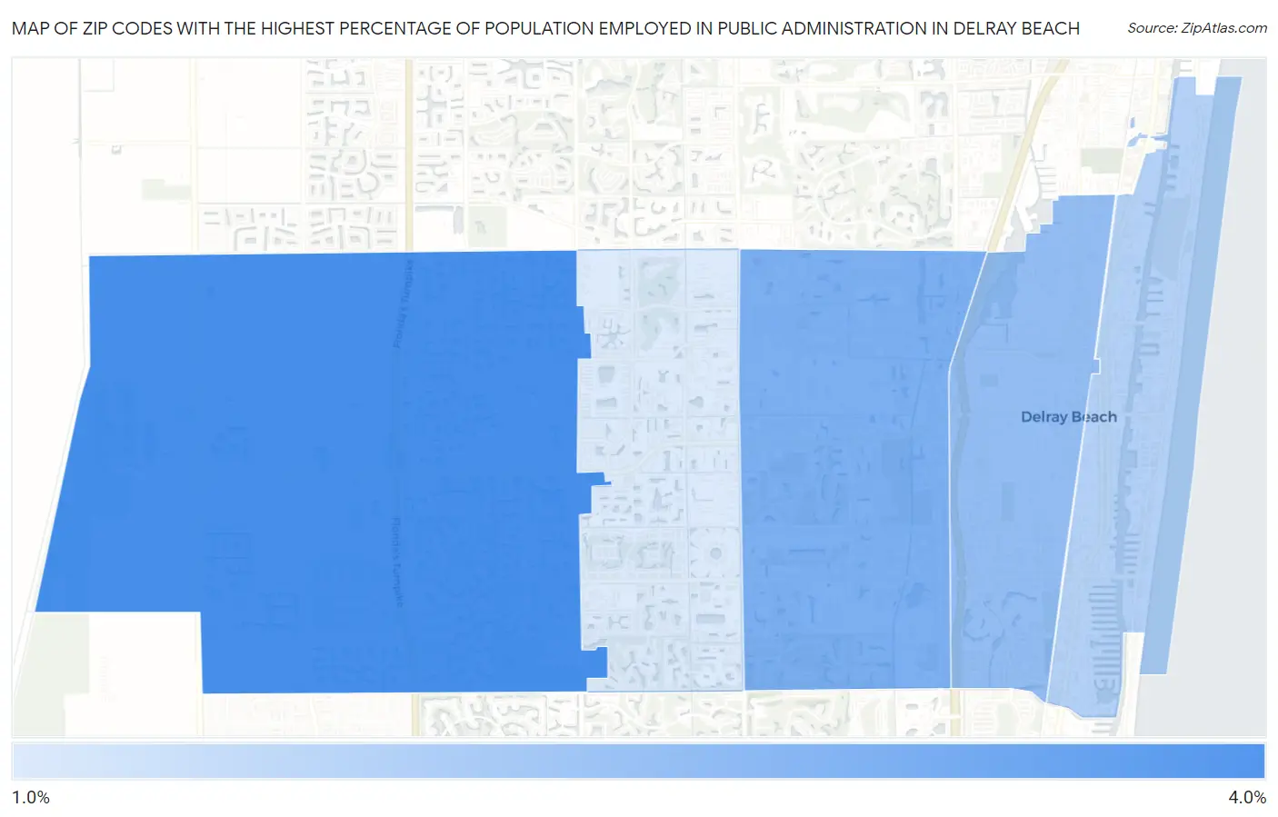 Zip Codes with the Highest Percentage of Population Employed in Public Administration in Delray Beach Map