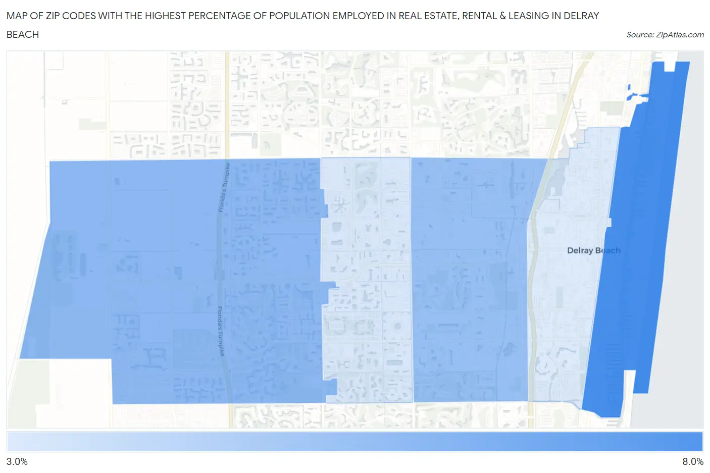 Zip Codes with the Highest Percentage of Population Employed in Real Estate, Rental & Leasing in Delray Beach Map
