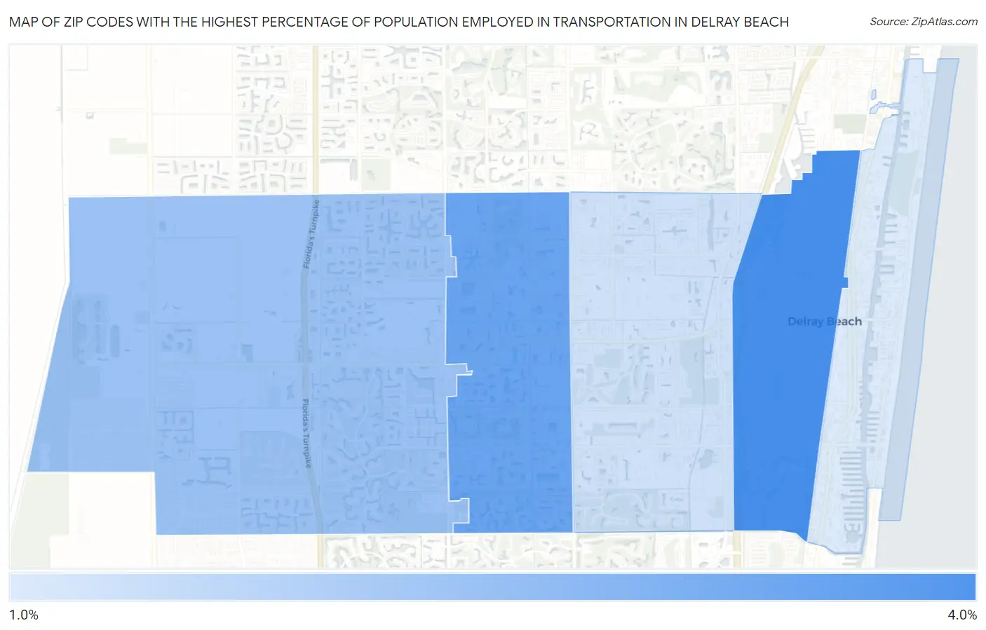 Zip Codes with the Highest Percentage of Population Employed in Transportation in Delray Beach Map