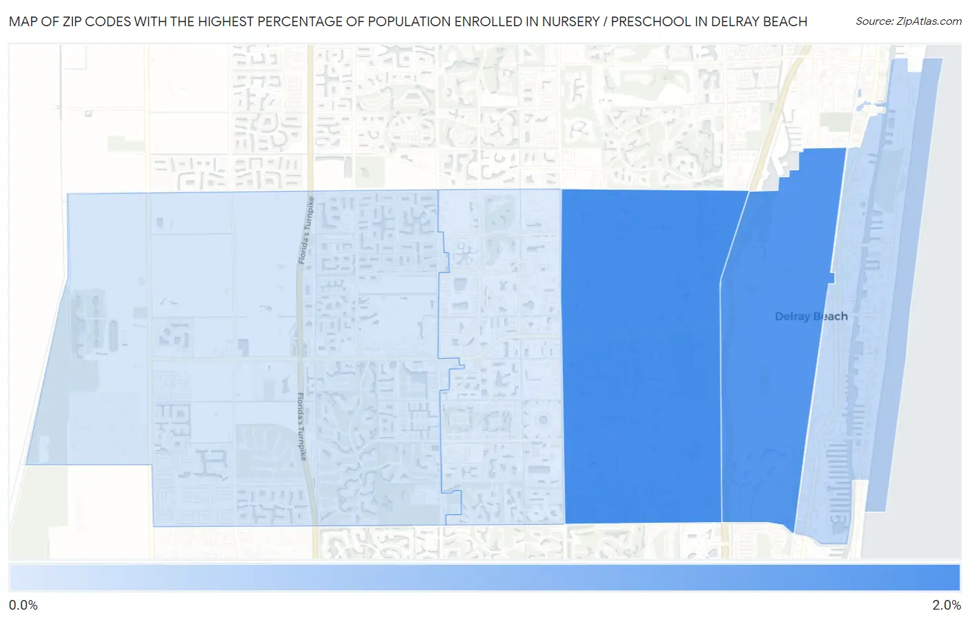 Zip Codes with the Highest Percentage of Population Enrolled in Nursery / Preschool in Delray Beach Map