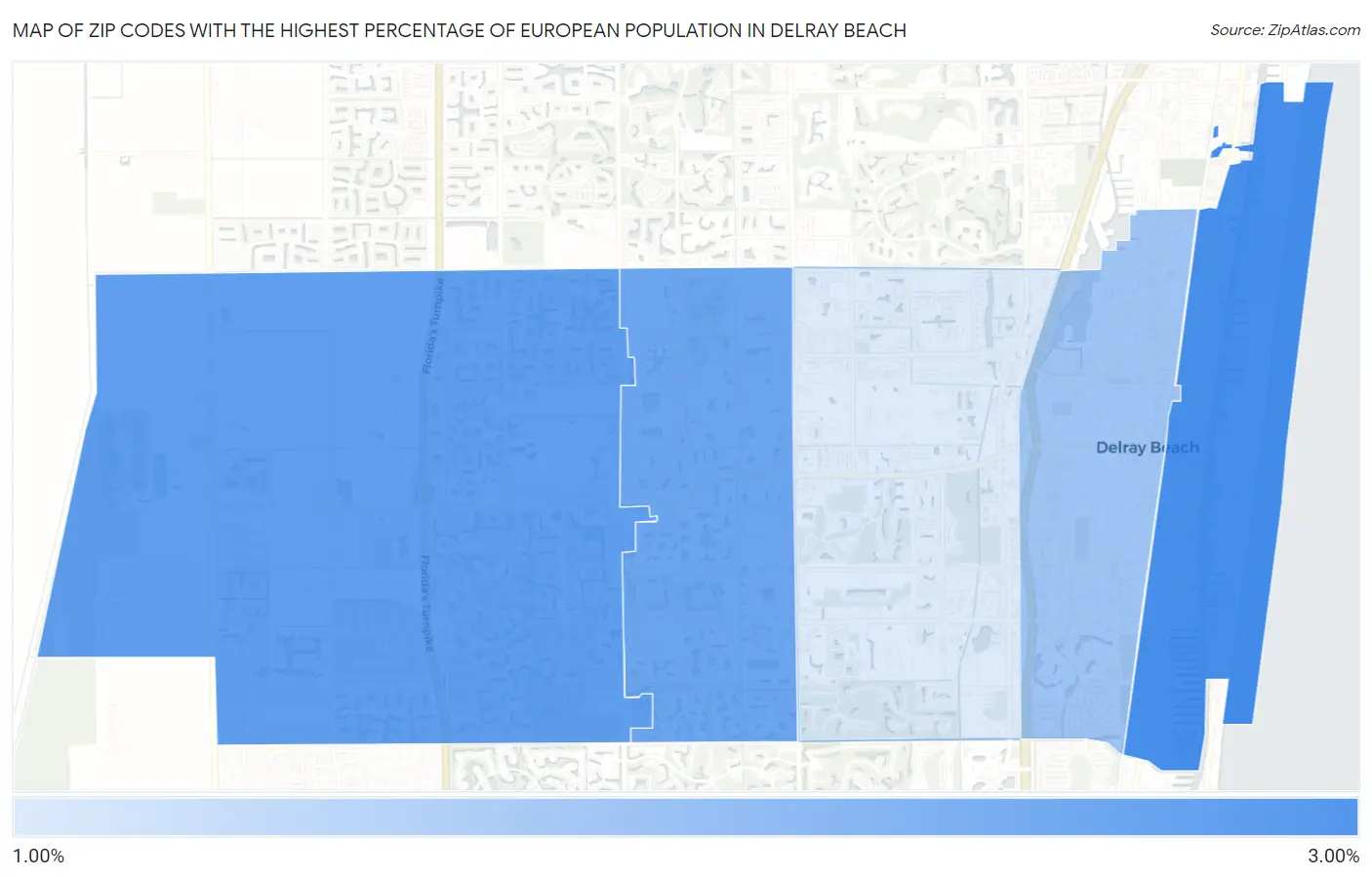 Zip Codes with the Highest Percentage of European Population in Delray Beach Map