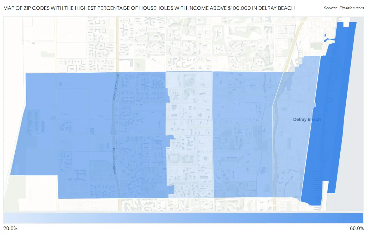 Zip Codes with the Highest Percentage of Households with Income Above $100,000 in Delray Beach Map