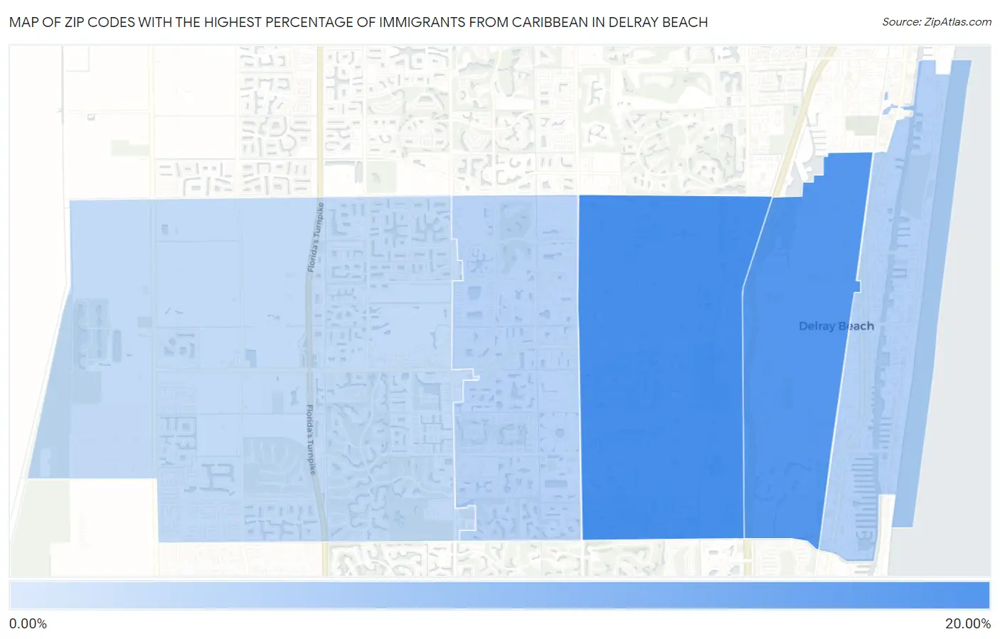 Zip Codes with the Highest Percentage of Immigrants from Caribbean in Delray Beach Map