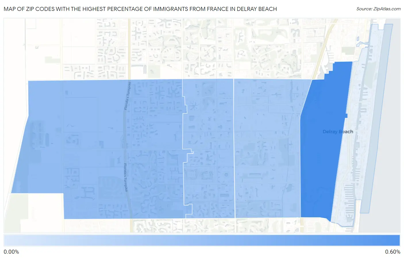 Zip Codes with the Highest Percentage of Immigrants from France in Delray Beach Map