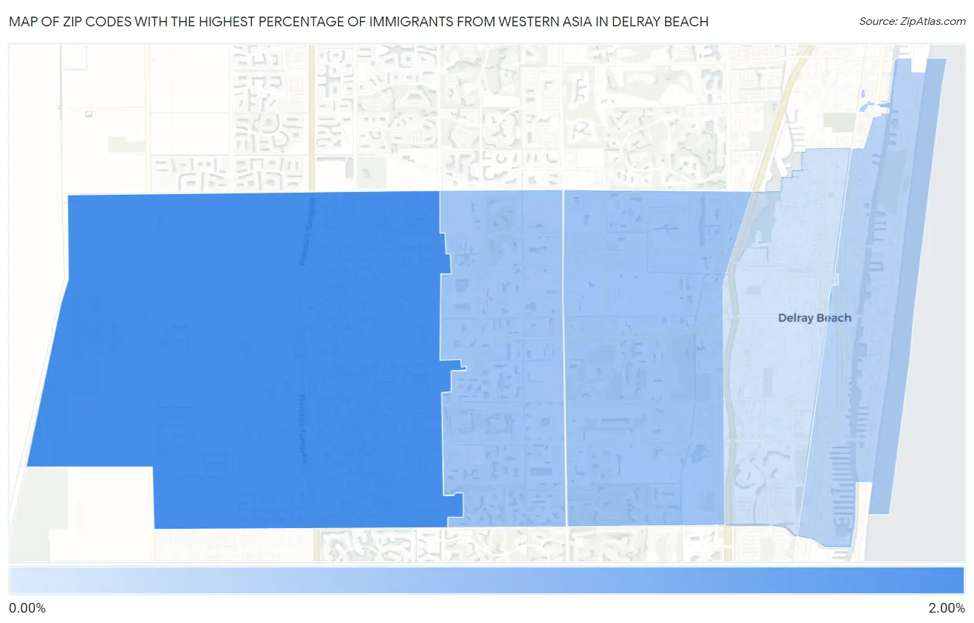 Zip Codes with the Highest Percentage of Immigrants from Western Asia in Delray Beach Map