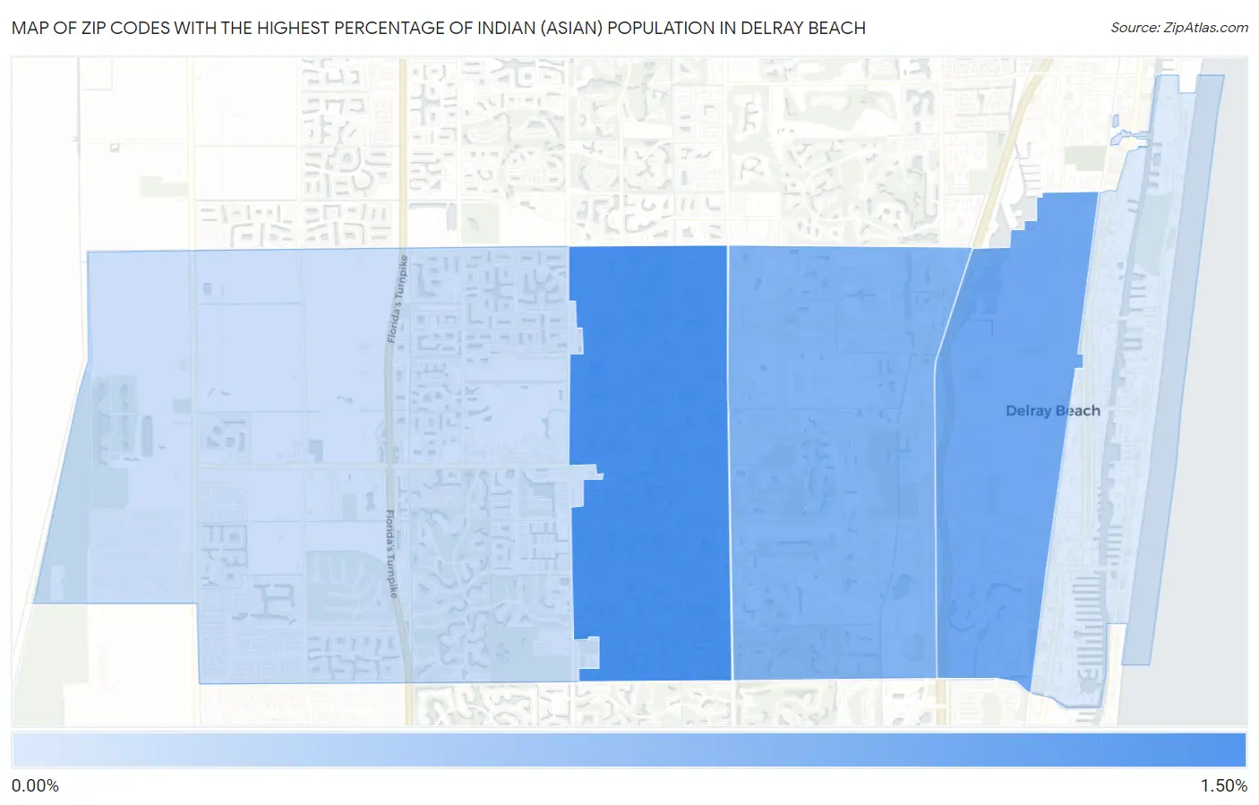 Zip Codes with the Highest Percentage of Indian (Asian) Population in Delray Beach Map