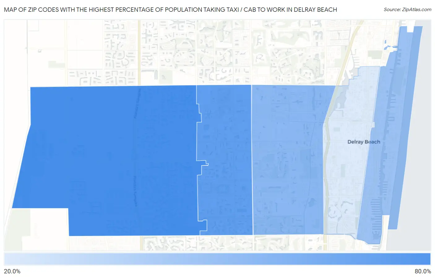 Zip Codes with the Highest Percentage of Population Taking Taxi / Cab to Work in Delray Beach Map