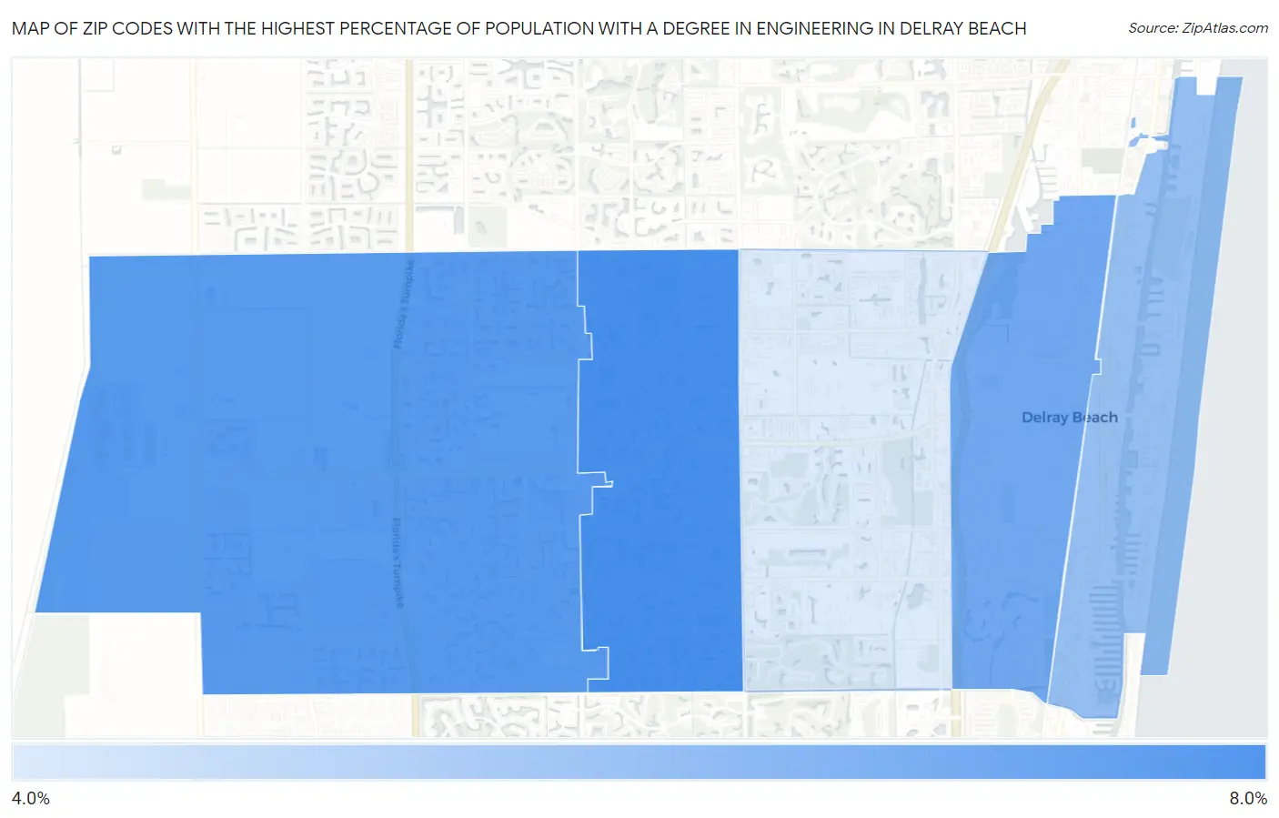 Zip Codes with the Highest Percentage of Population with a Degree in Engineering in Delray Beach Map