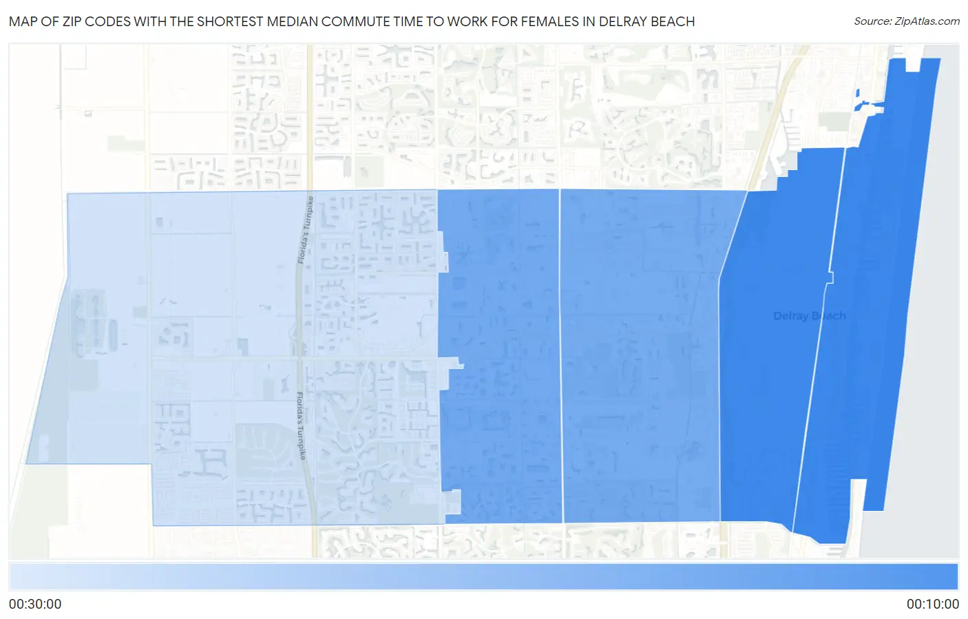 Zip Codes with the Shortest Median Commute Time to Work for Females in Delray Beach Map