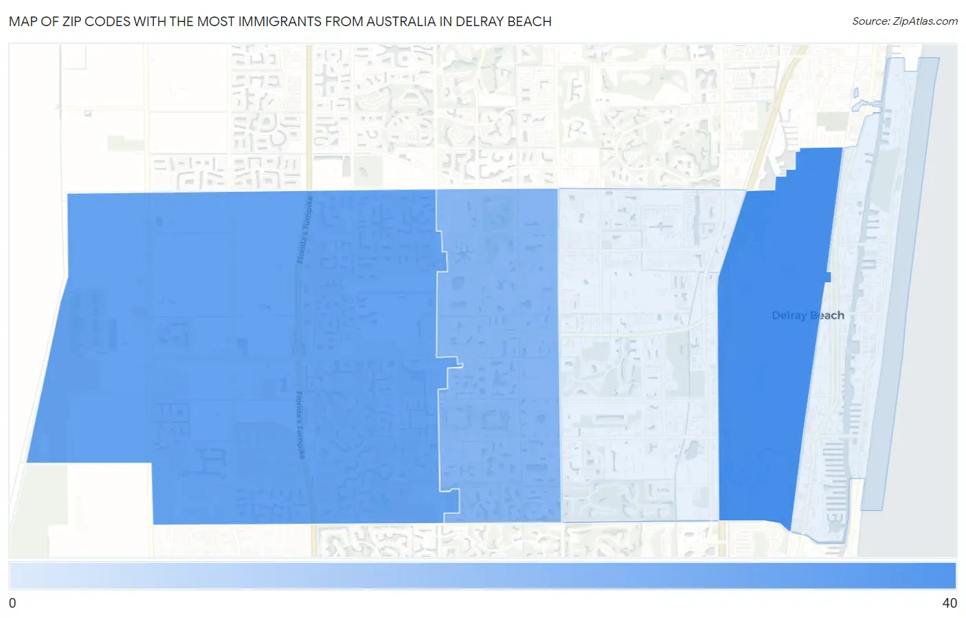 Zip Codes with the Most Immigrants from Australia in Delray Beach Map