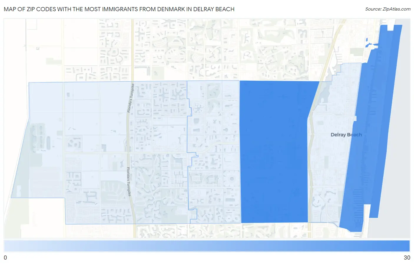 Zip Codes with the Most Immigrants from Denmark in Delray Beach Map