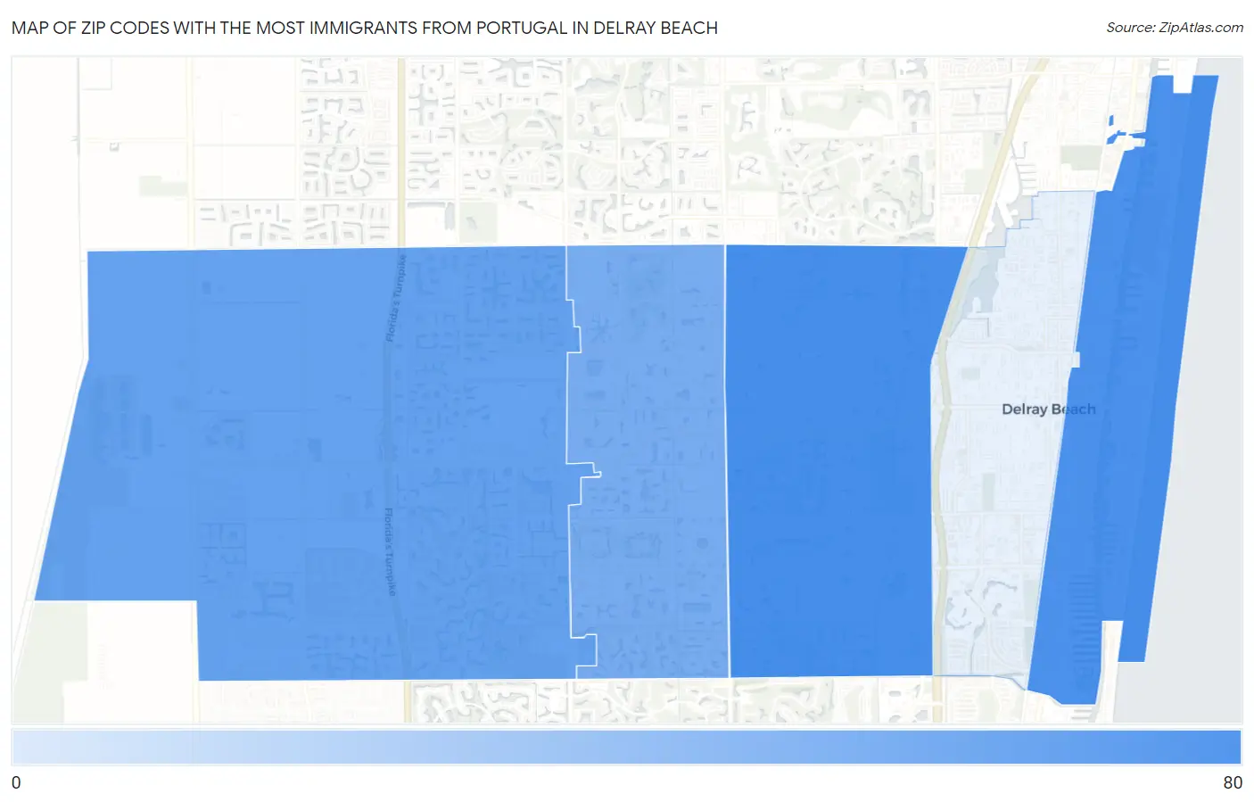 Zip Codes with the Most Immigrants from Portugal in Delray Beach Map