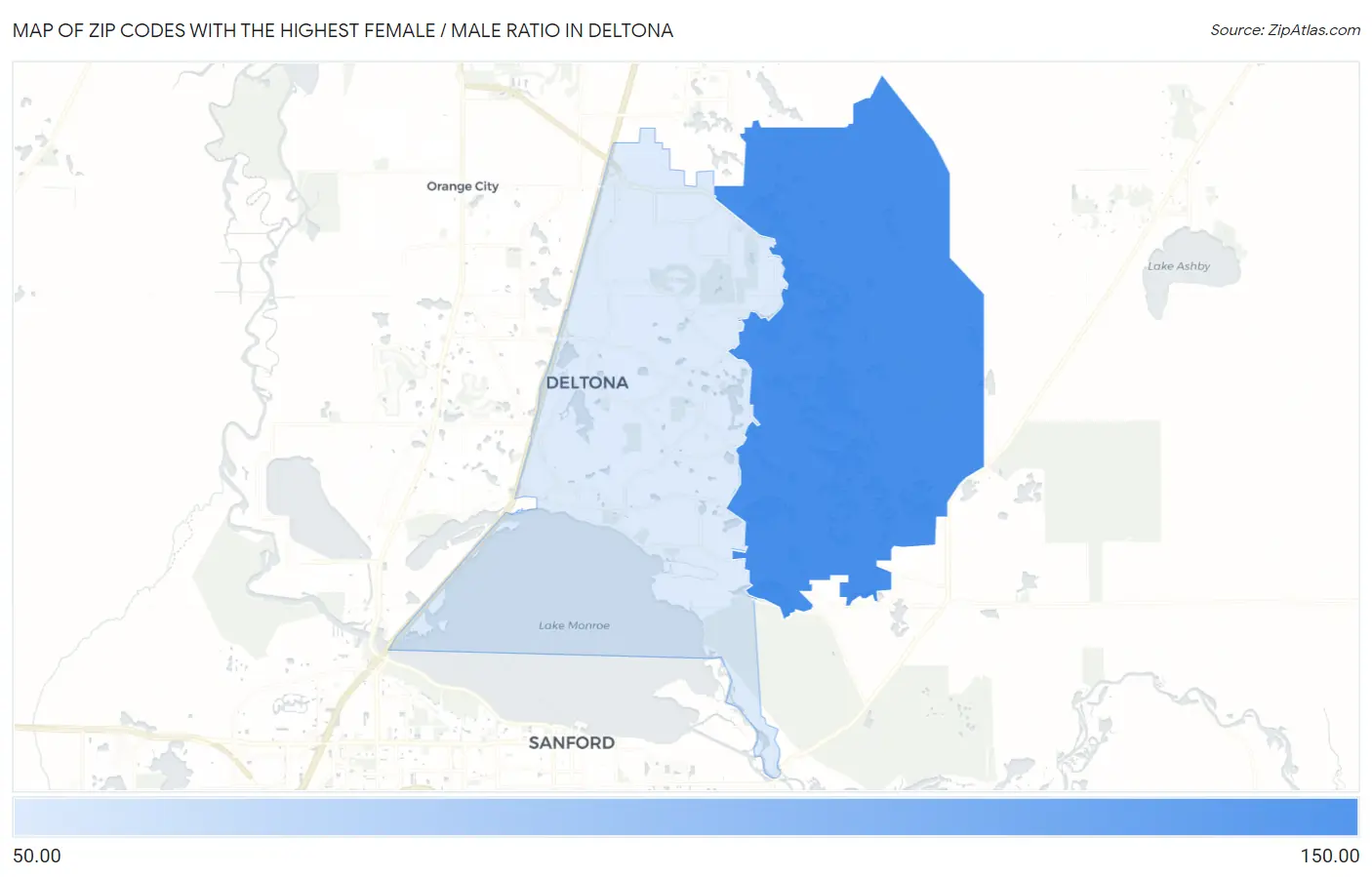Zip Codes with the Highest Female / Male Ratio in Deltona Map