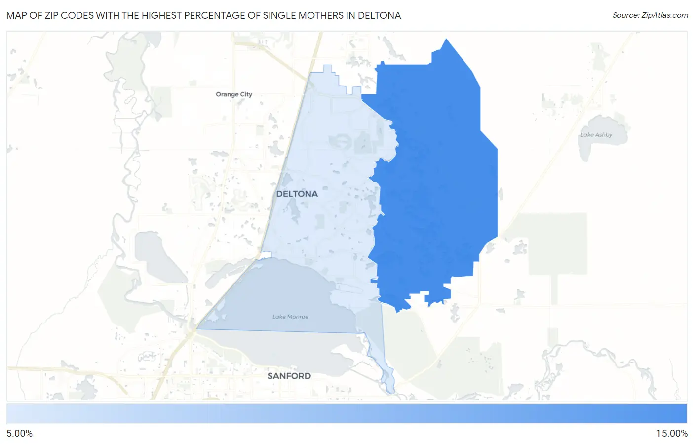 Zip Codes with the Highest Percentage of Single Mothers in Deltona Map