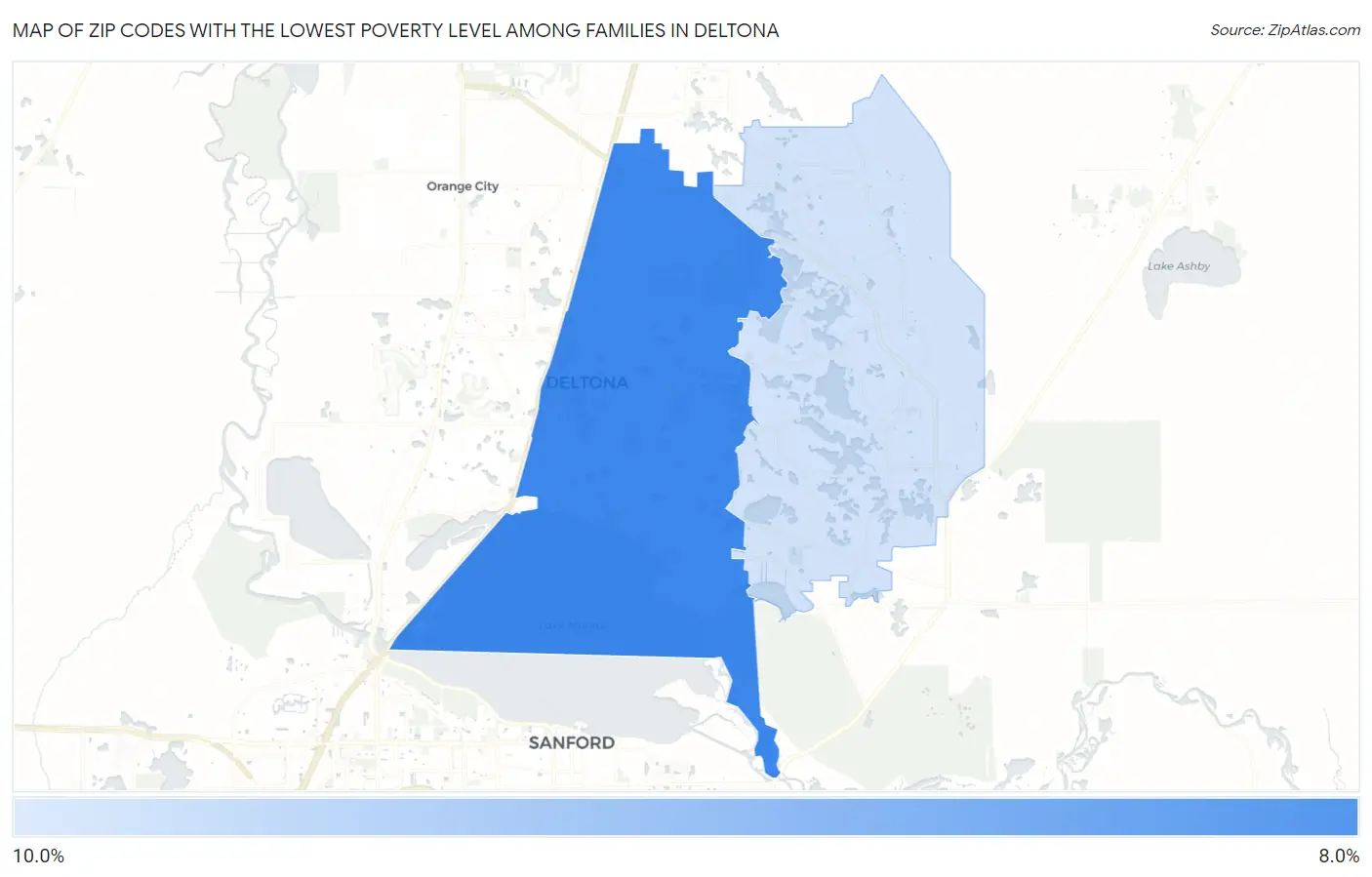 Zip Codes with the Lowest Poverty Level Among Families in Deltona Map