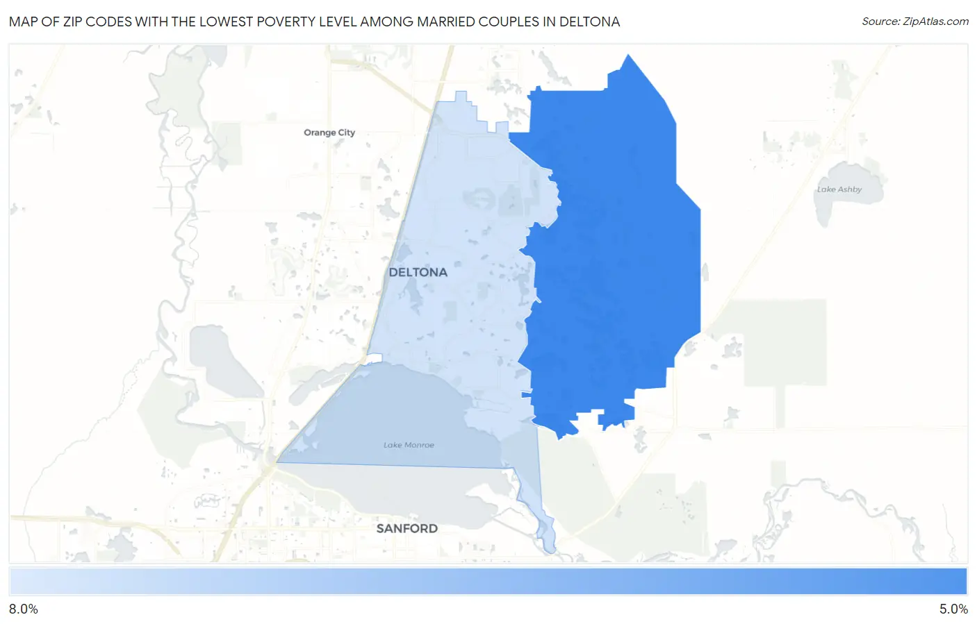 Zip Codes with the Lowest Poverty Level Among Married Couples in Deltona Map