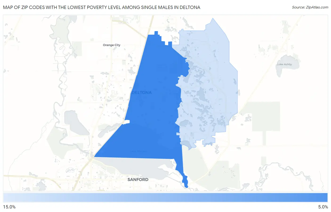 Zip Codes with the Lowest Poverty Level Among Single Males in Deltona Map