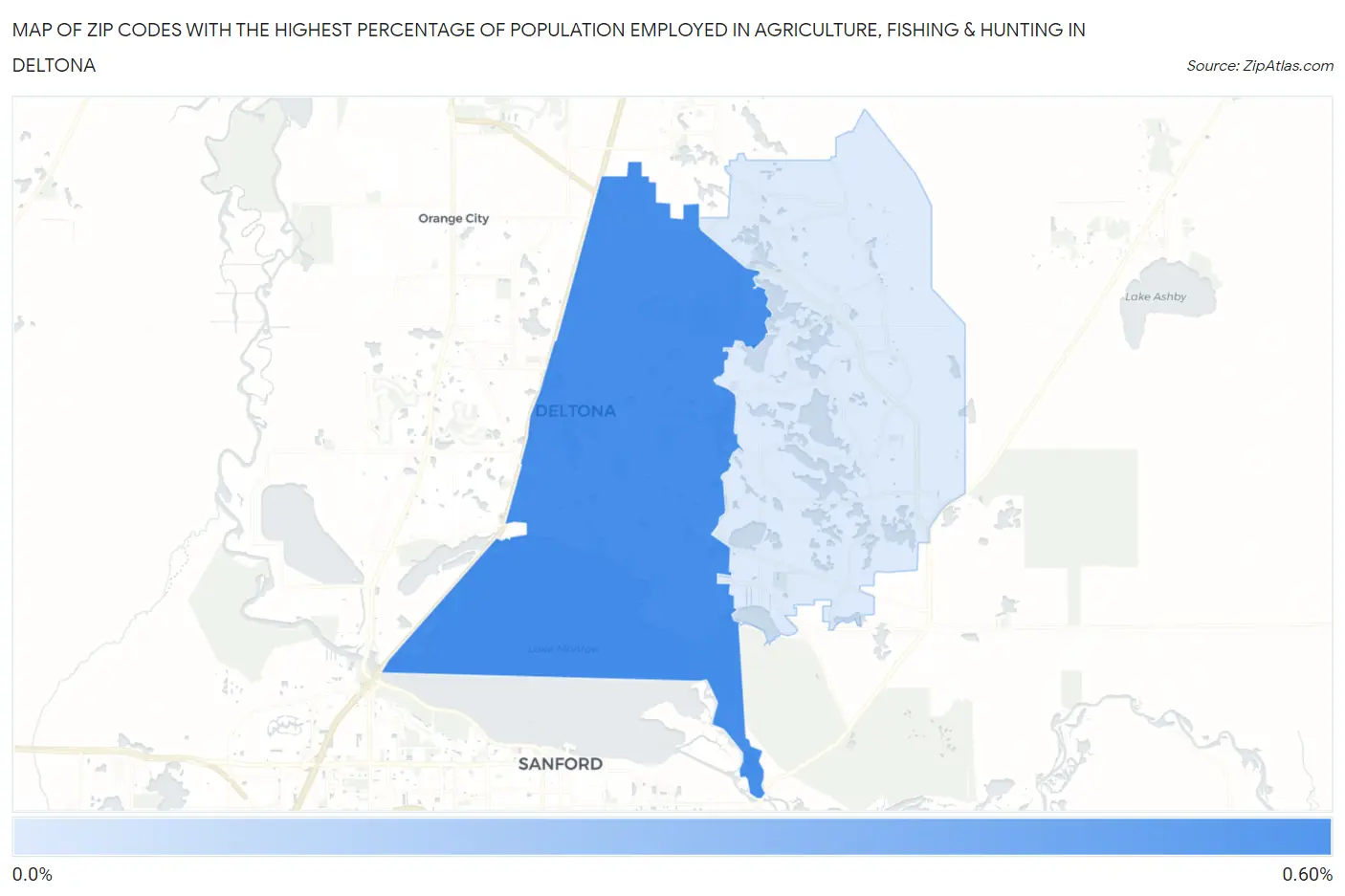 Zip Codes with the Highest Percentage of Population Employed in Agriculture, Fishing & Hunting in Deltona Map