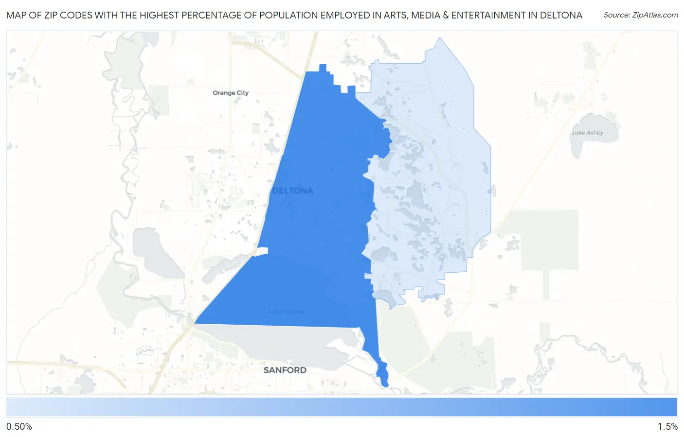 Zip Codes with the Highest Percentage of Population Employed in Arts, Media & Entertainment in Deltona Map