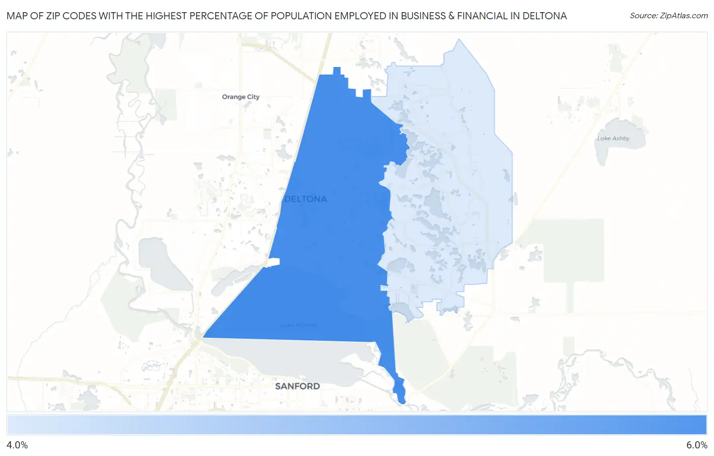 Zip Codes with the Highest Percentage of Population Employed in Business & Financial in Deltona Map