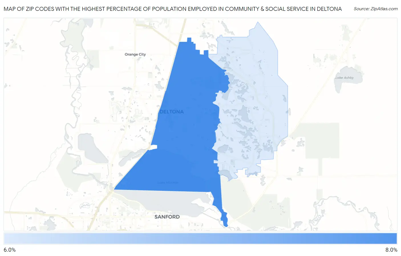Zip Codes with the Highest Percentage of Population Employed in Community & Social Service  in Deltona Map