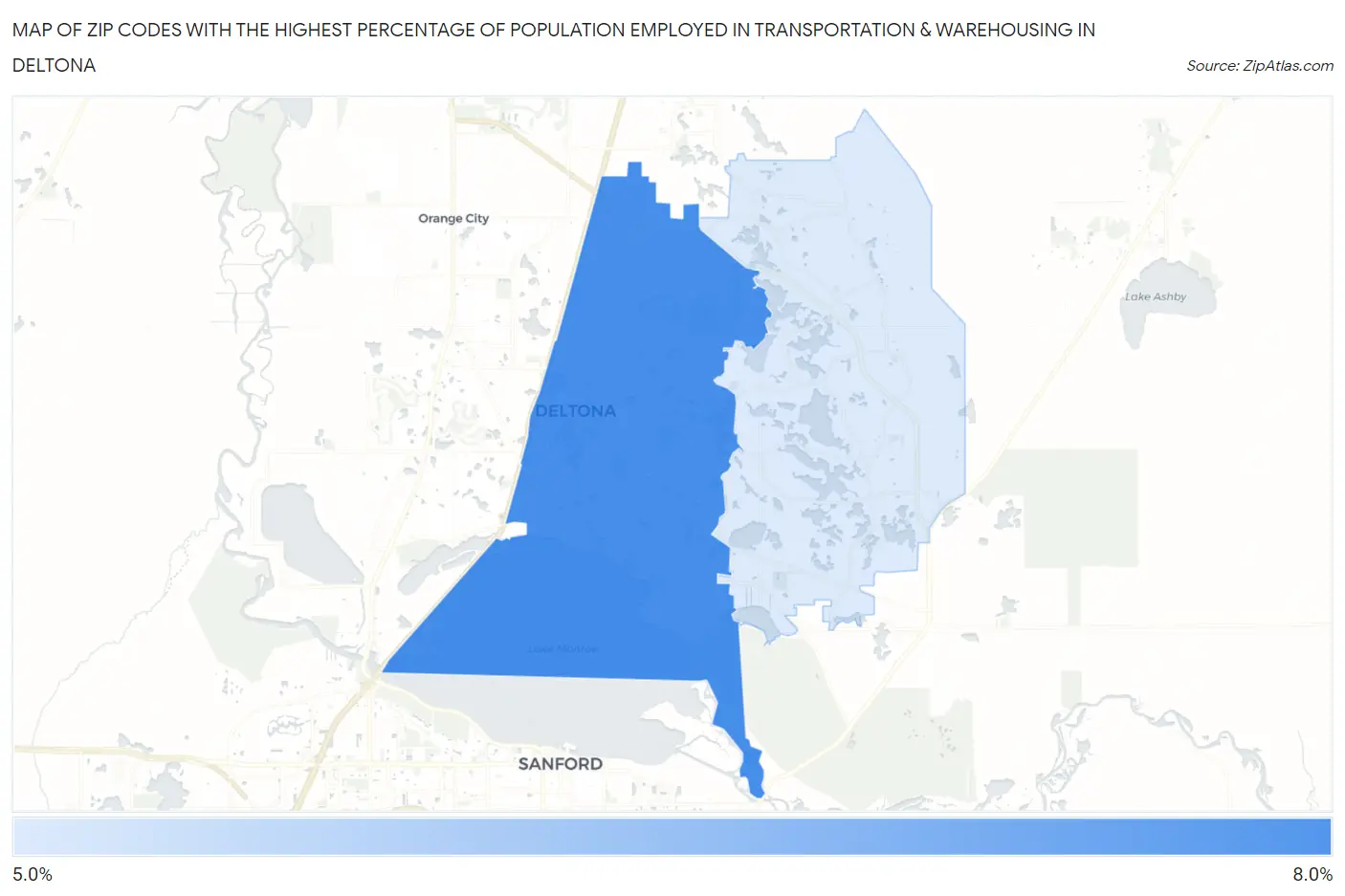 Zip Codes with the Highest Percentage of Population Employed in Transportation & Warehousing in Deltona Map