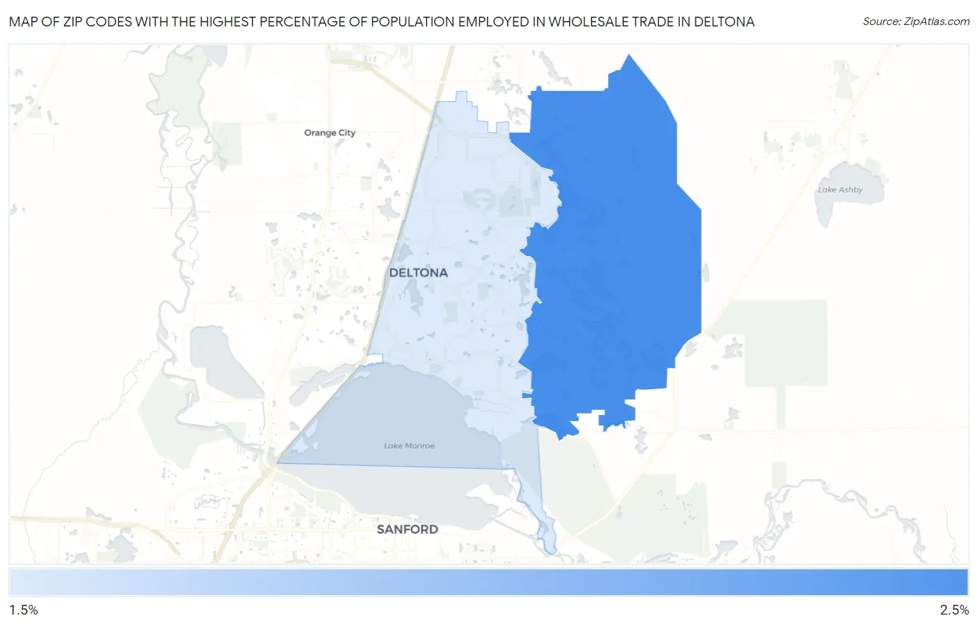 Zip Codes with the Highest Percentage of Population Employed in Wholesale Trade in Deltona Map