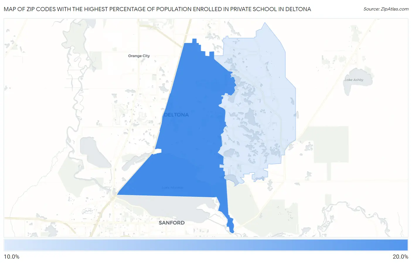 Zip Codes with the Highest Percentage of Population Enrolled in Private School in Deltona Map