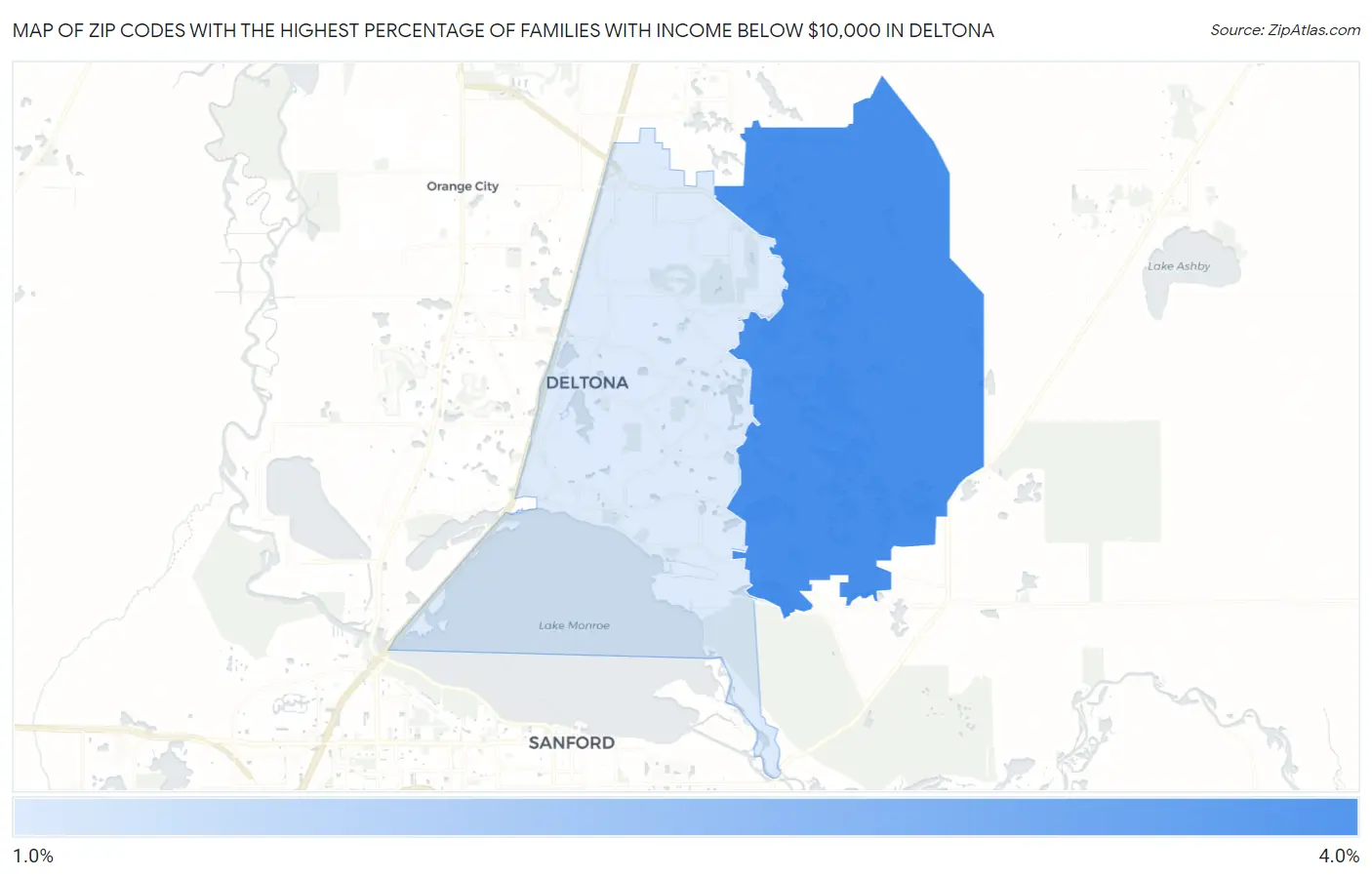 Zip Codes with the Highest Percentage of Families with Income Below $10,000 in Deltona Map