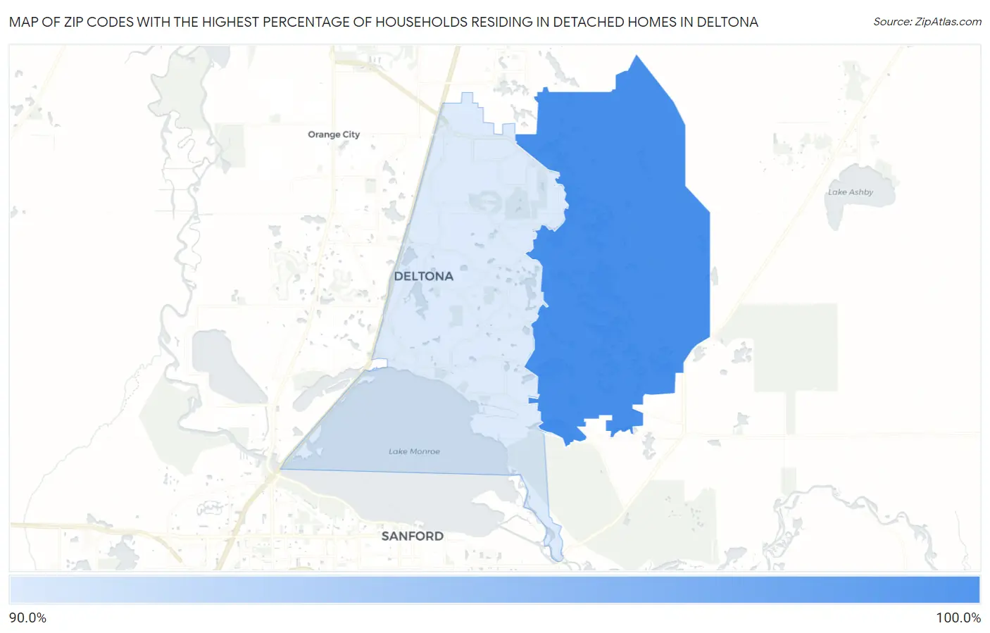 Zip Codes with the Highest Percentage of Households Residing in Detached Homes in Deltona Map