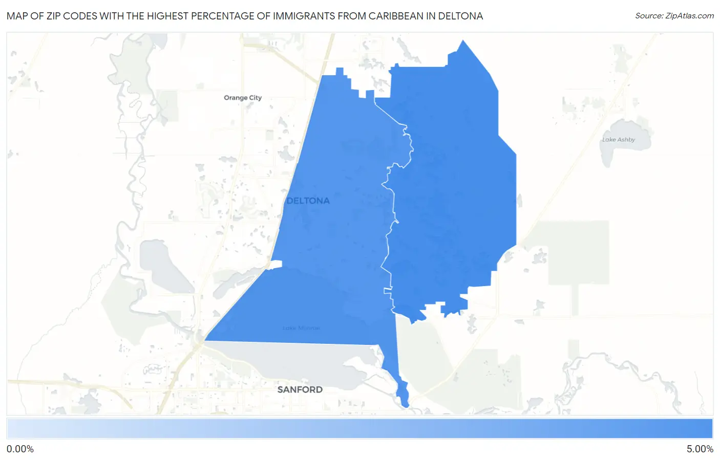 Zip Codes with the Highest Percentage of Immigrants from Caribbean in Deltona Map