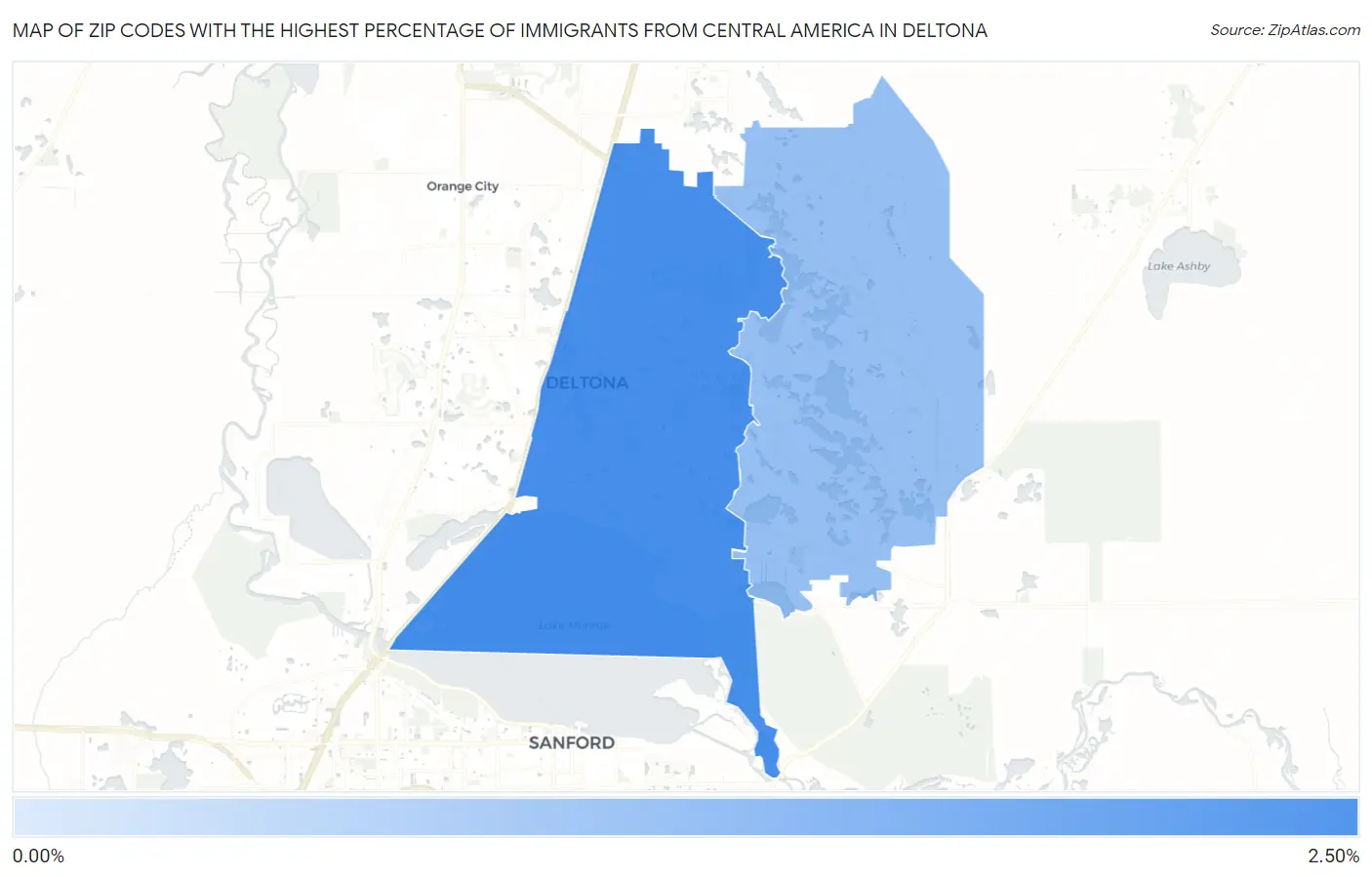 Zip Codes with the Highest Percentage of Immigrants from Central America in Deltona Map