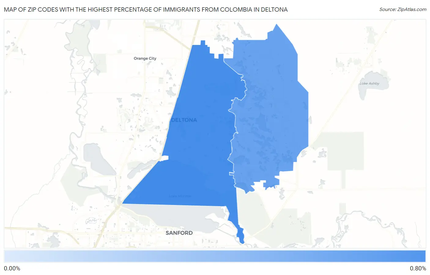 Zip Codes with the Highest Percentage of Immigrants from Colombia in Deltona Map