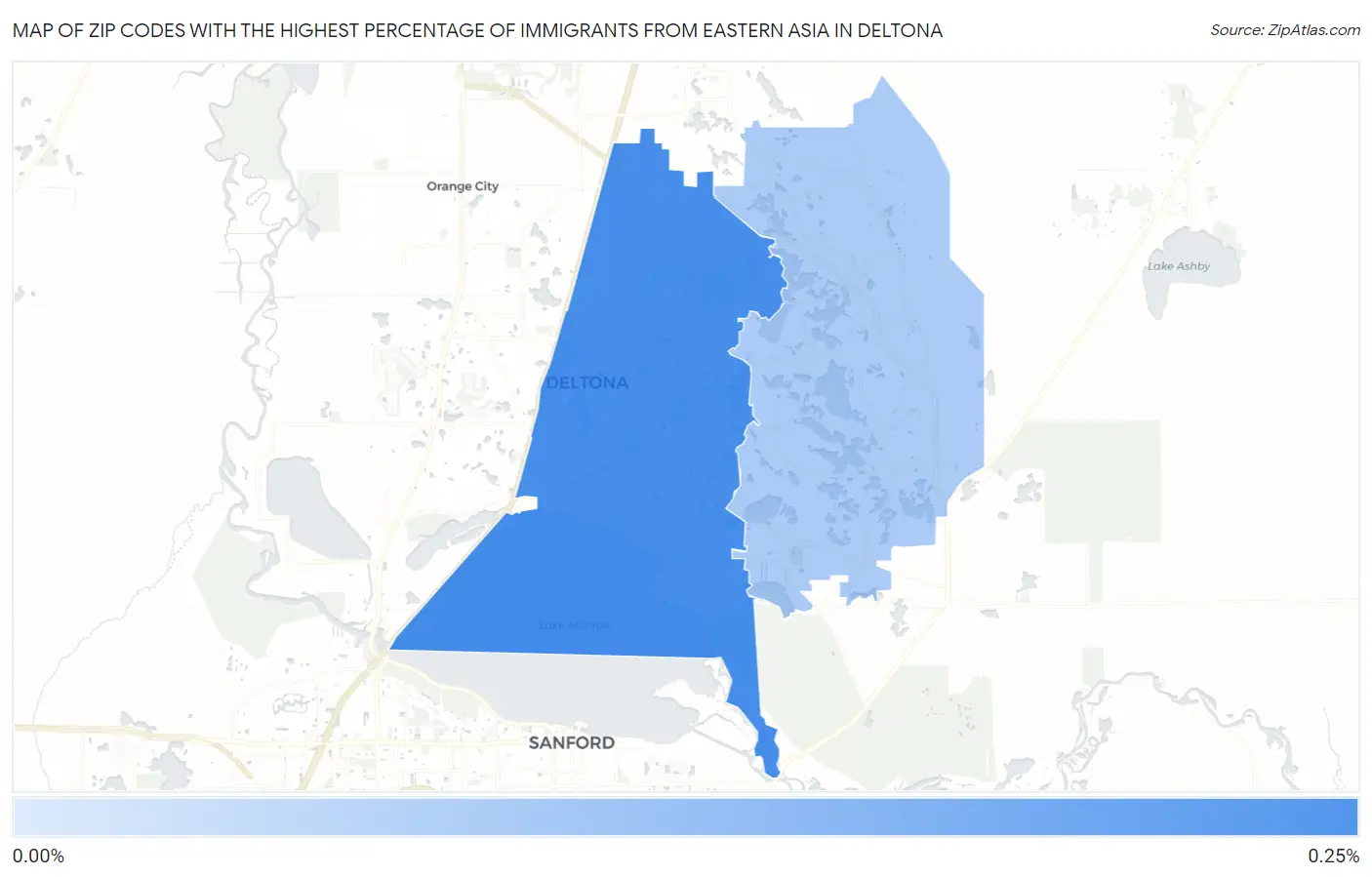 Zip Codes with the Highest Percentage of Immigrants from Eastern Asia in Deltona Map