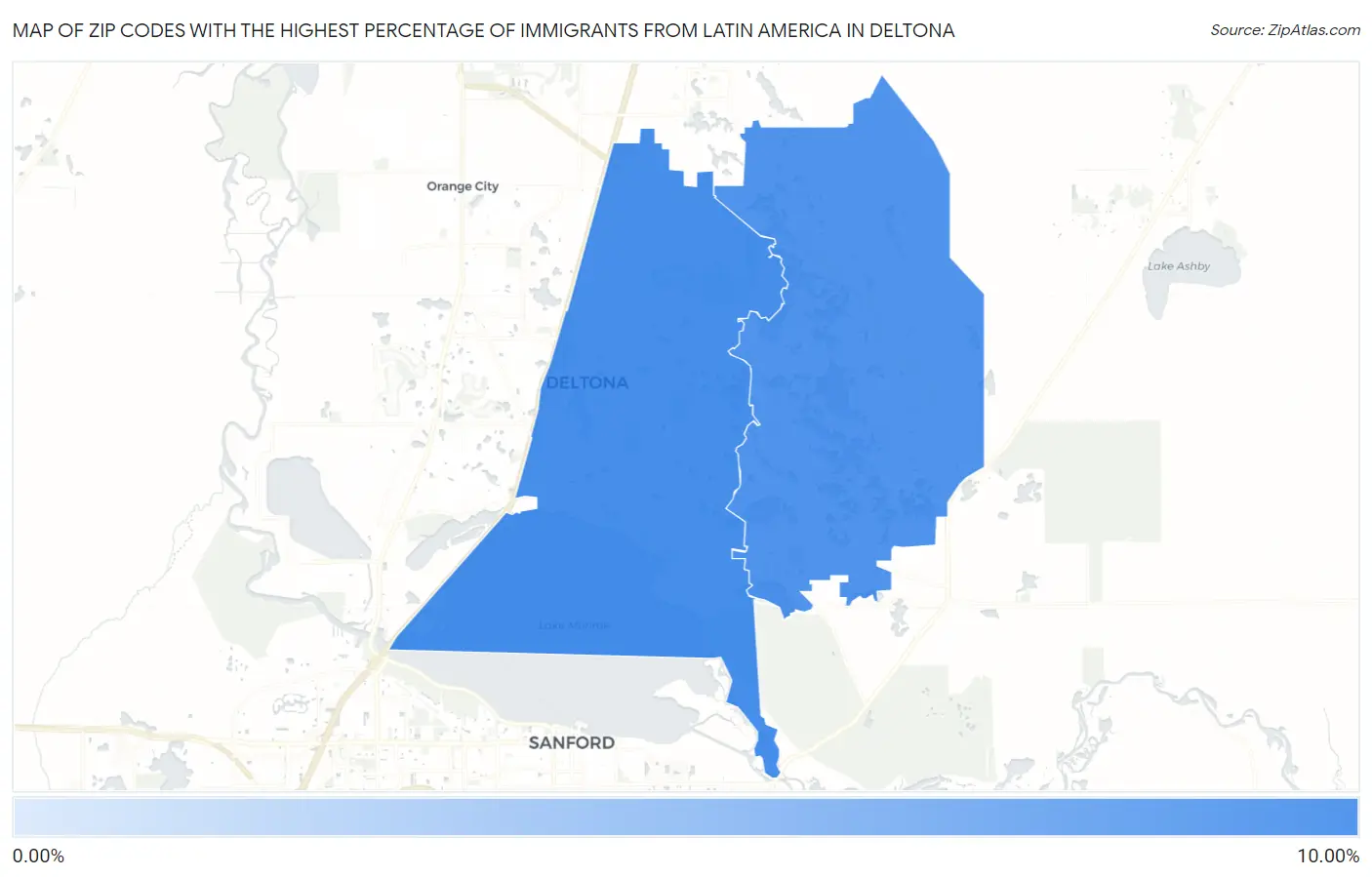 Zip Codes with the Highest Percentage of Immigrants from Latin America in Deltona Map